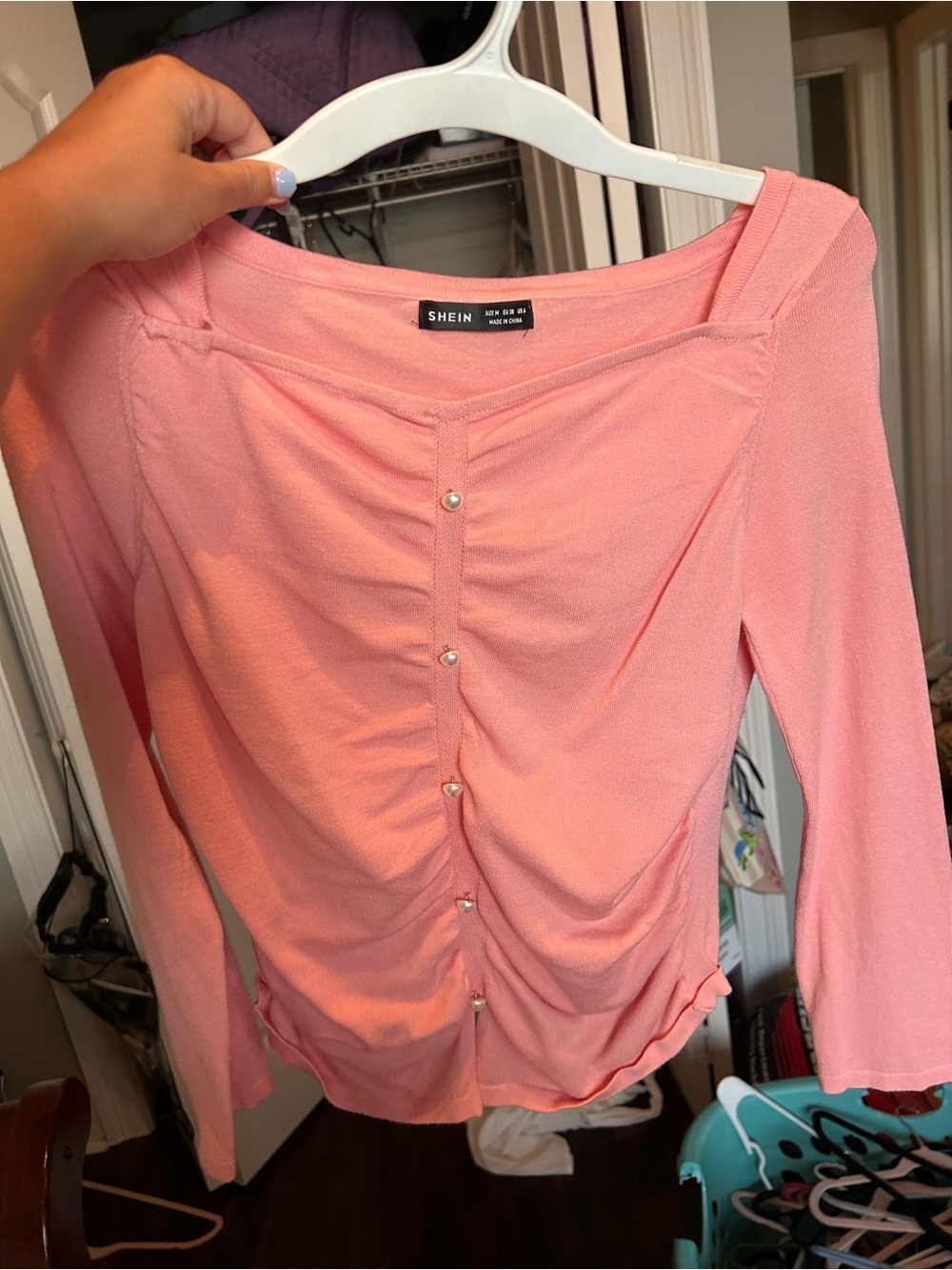 SHEIN Peach Pink Ruched Button-Front Long Sleeve Top